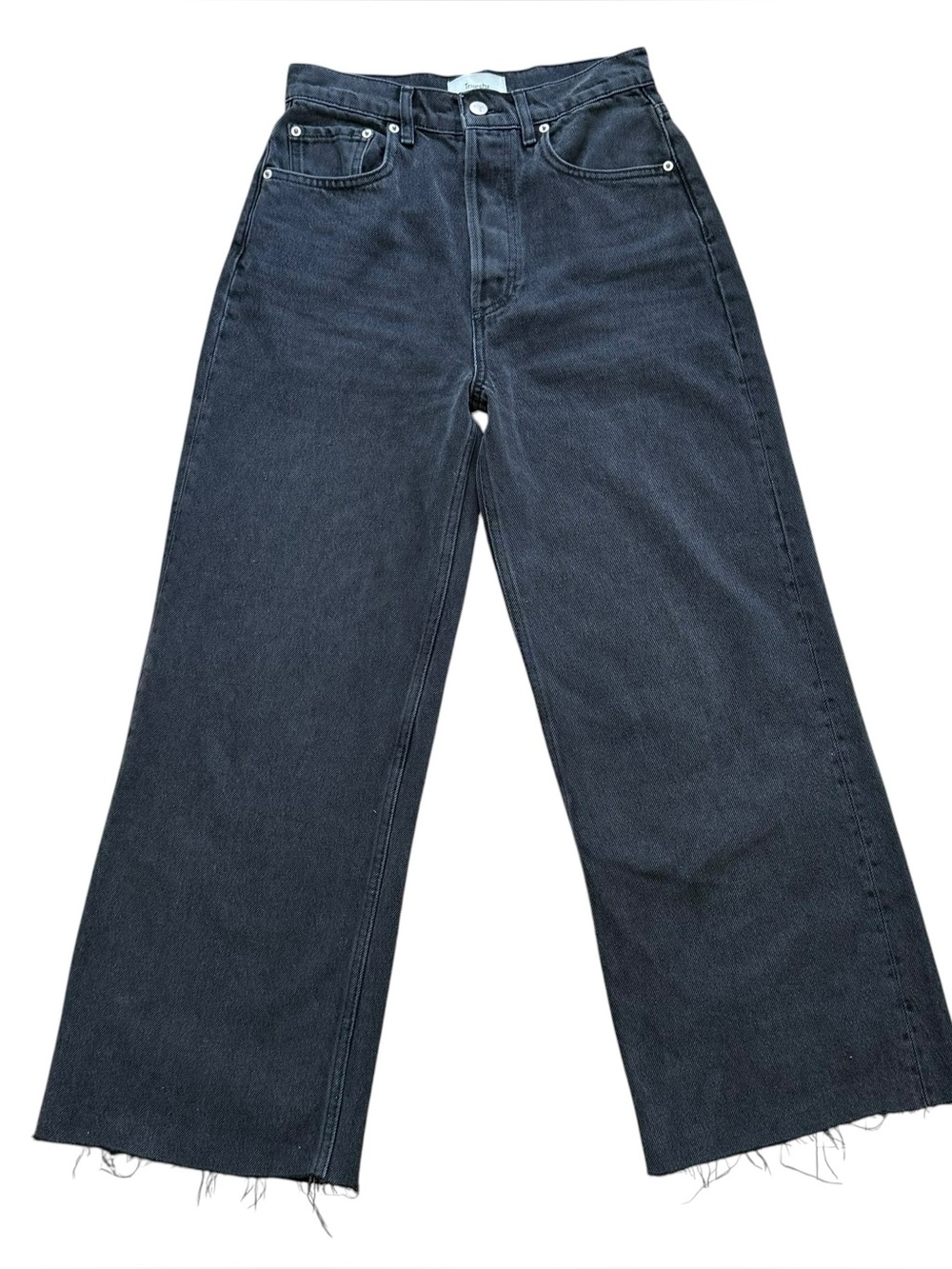 Triarchy Wide Leg Ankle Jeans Size 26 Black Wash High Rise Button Fly Fray Hem